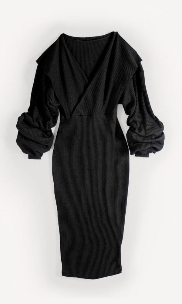 Ribbed Knit Dress 'Hime (姫)' – Shawl Collar & Form-Fitting Waist