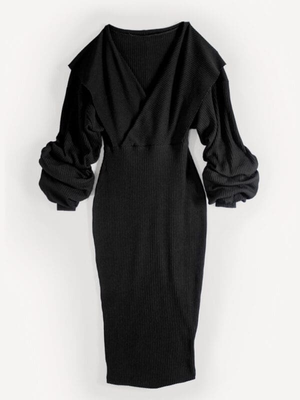 Ribbed Knit Dress 'Hime (姫)' – Shawl Collar & Form-Fitting Waist